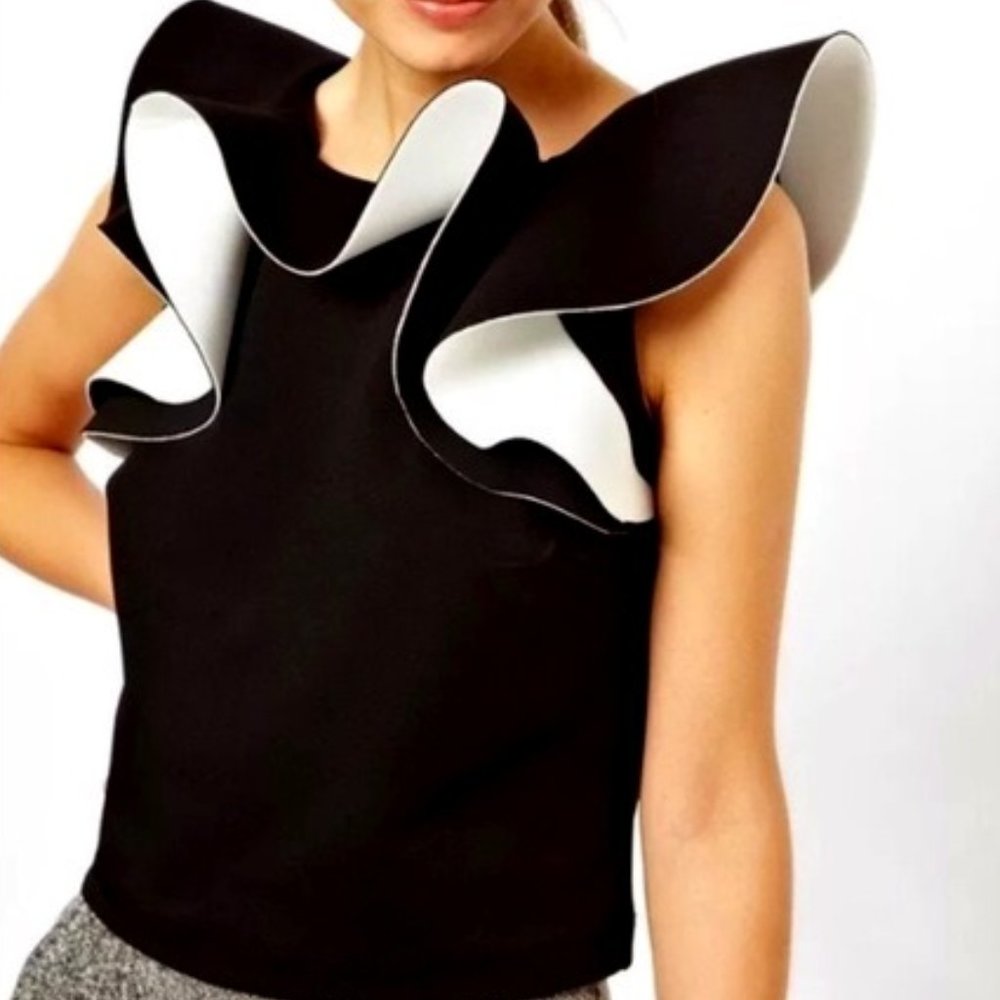 ASOS Black and White Ruffle-Trim Blouse